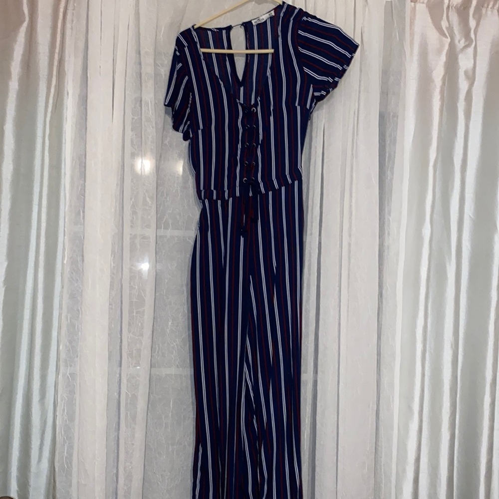 Long pant navy blue with red and white striped romper
